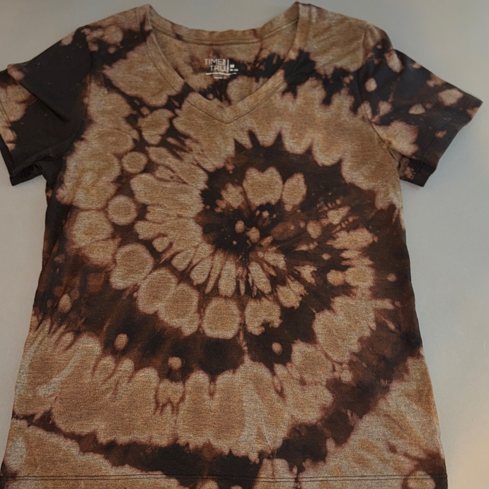 Upcycled Hand Made Time and Tru Brown Bleach Dye Tie Dye Women's Tee Size M